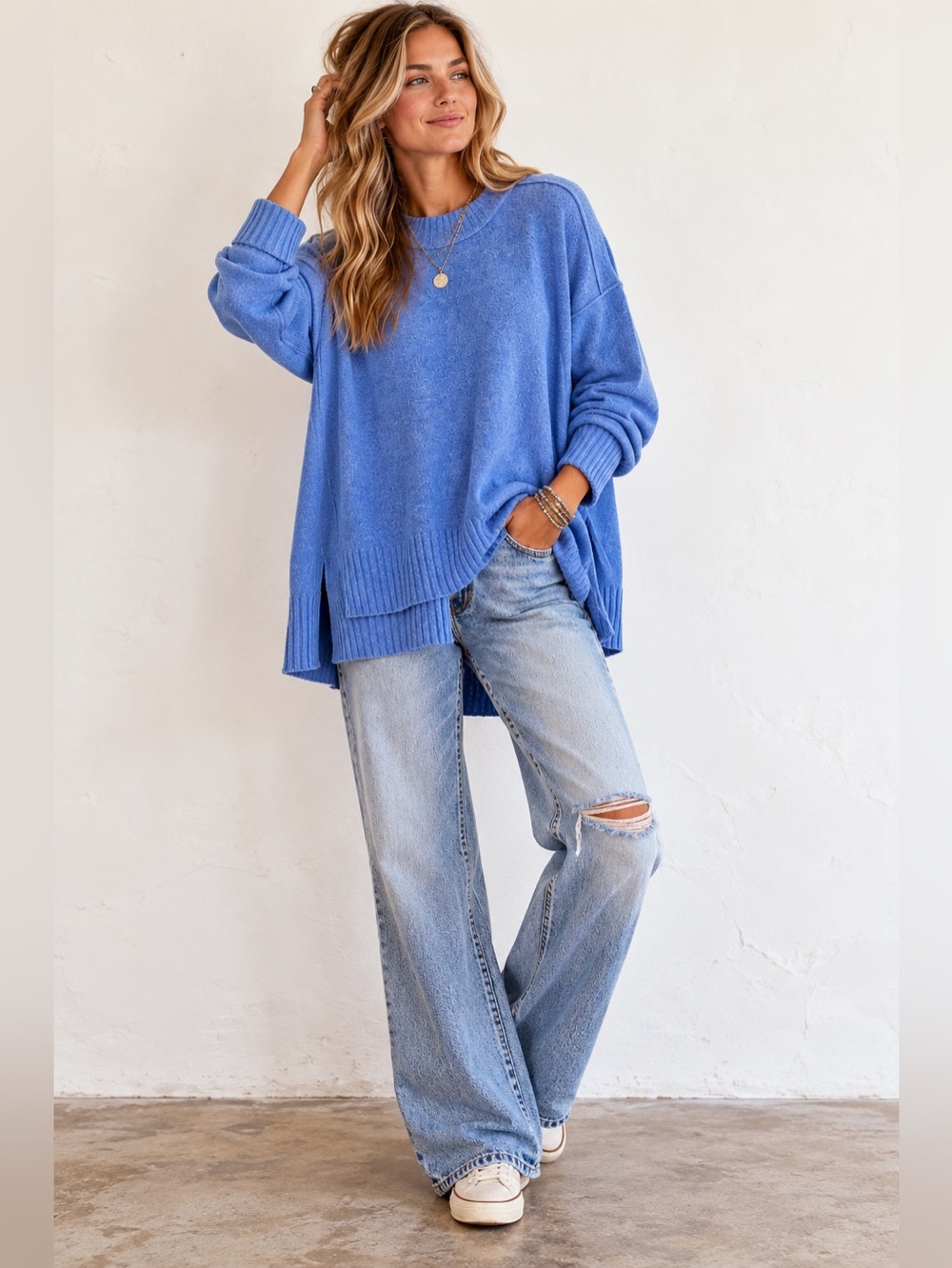 Free People Oversized Blue Knit Sweater Wool Blend Boho Pullover size medium